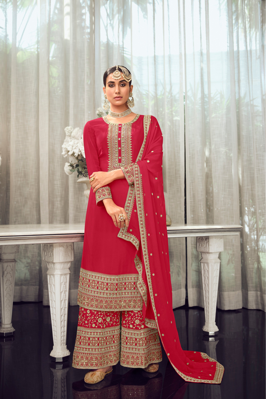 Red Punjabi Salwar Kameez Palazzo Set With Dupatta For Women - Front View