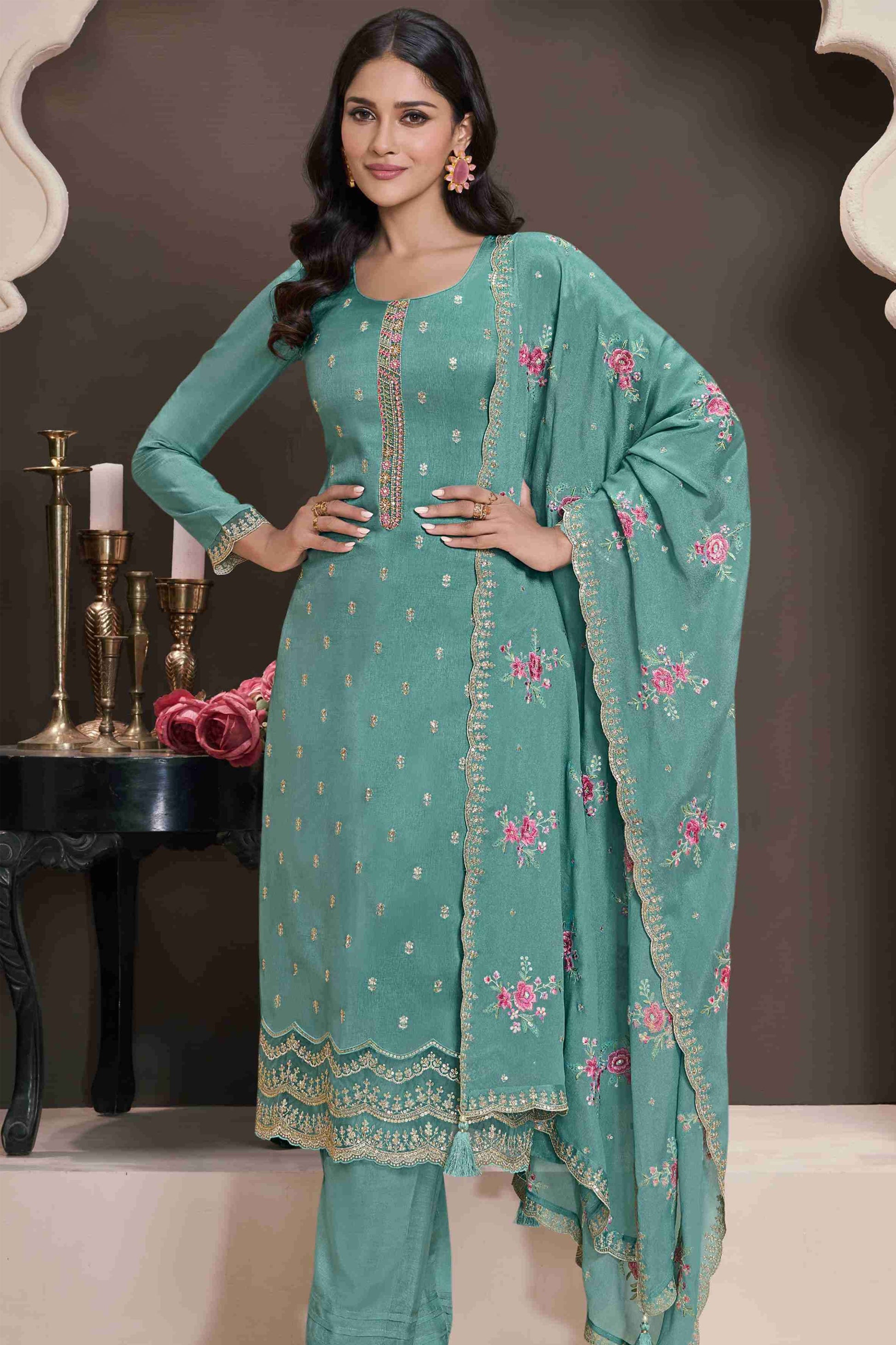 Dusty Teal Salwar Kameez For Festival Like Eid And Diwali