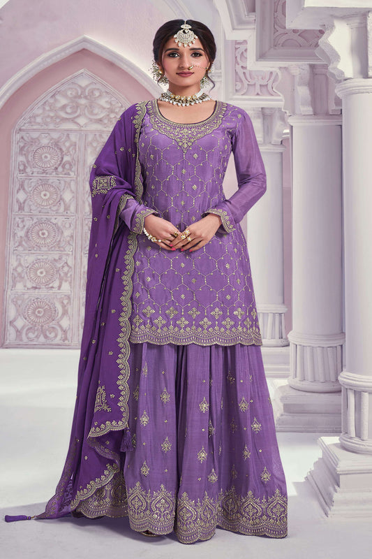  Women Wedding Purple Salwar Kameez With Heavy Work Palazzo and Dupatta