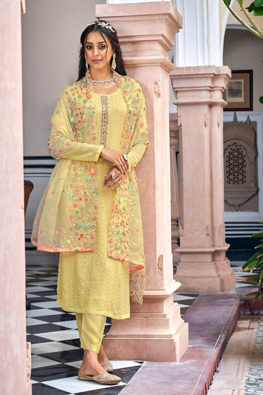 Yellow salwar kameez is bright and happy. Good for haldi or sunny events.
