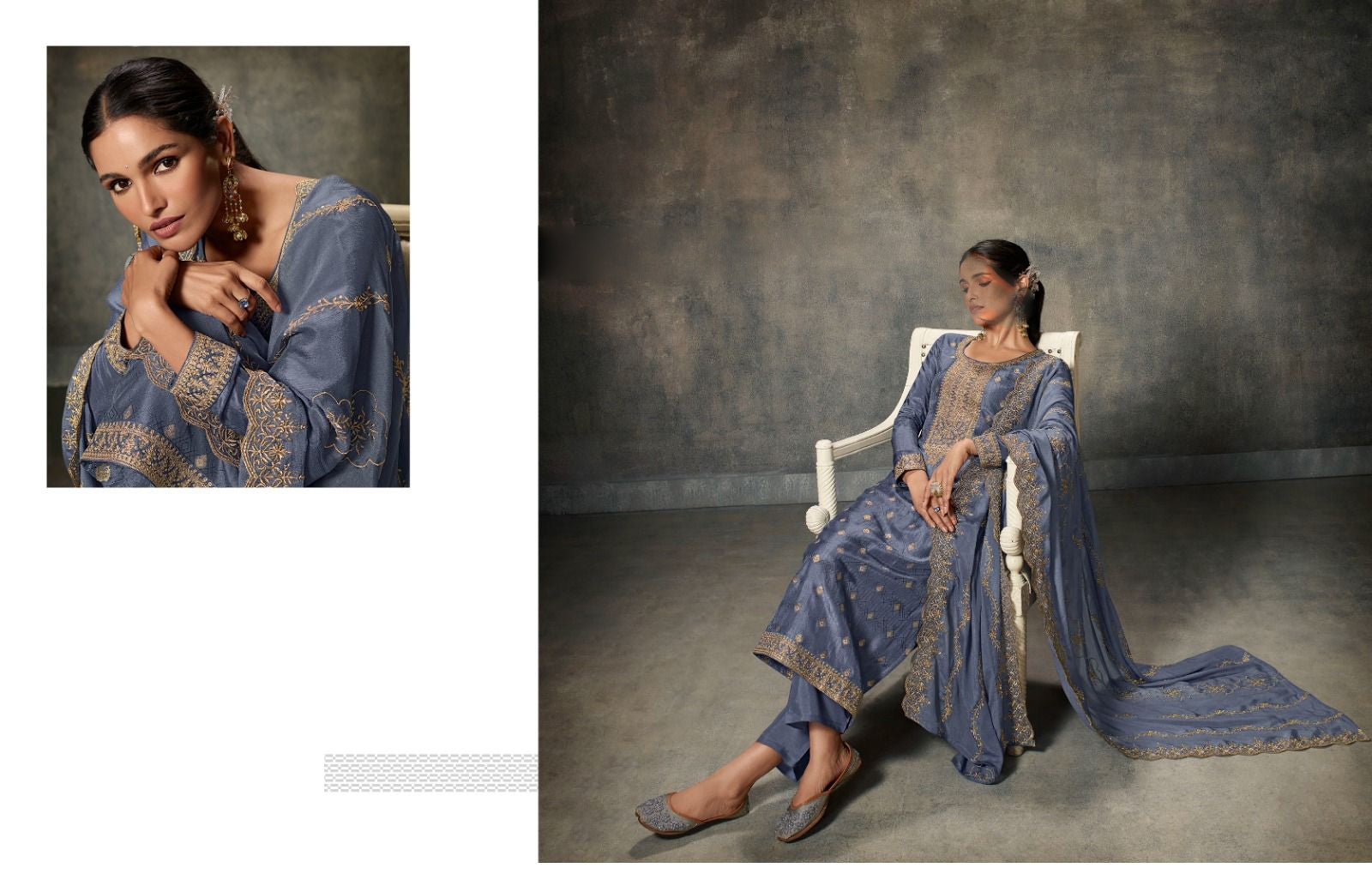 Grey salwar kameez looks simple and stylish. Metallic accents make it modern.
