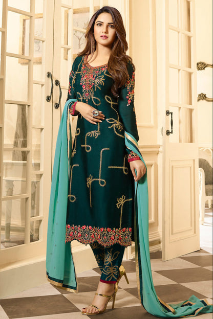 Teal salwar kameez is cool and refreshing. It blends blue and green for a unique look
