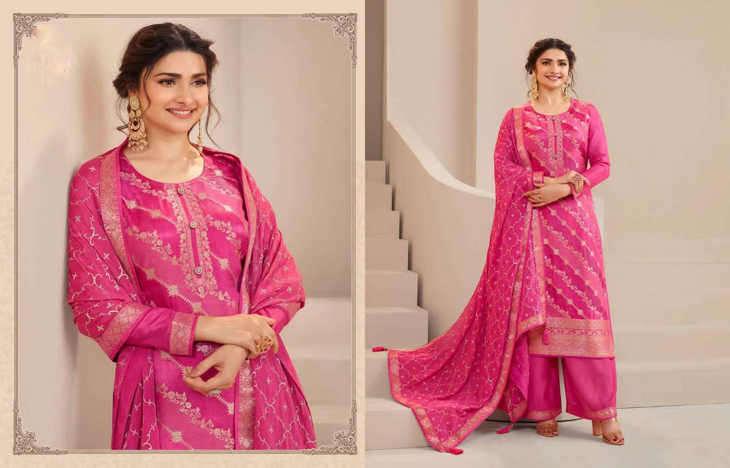Pink salwar kameez is cheerful and lovely. Perfect for celebrations.
