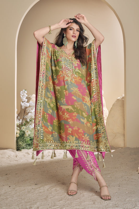 Pink color salwar kameez in viscose silk featuring embroidery, mirror work, and embellished detailing, perfect for festive and party wear occasions.
