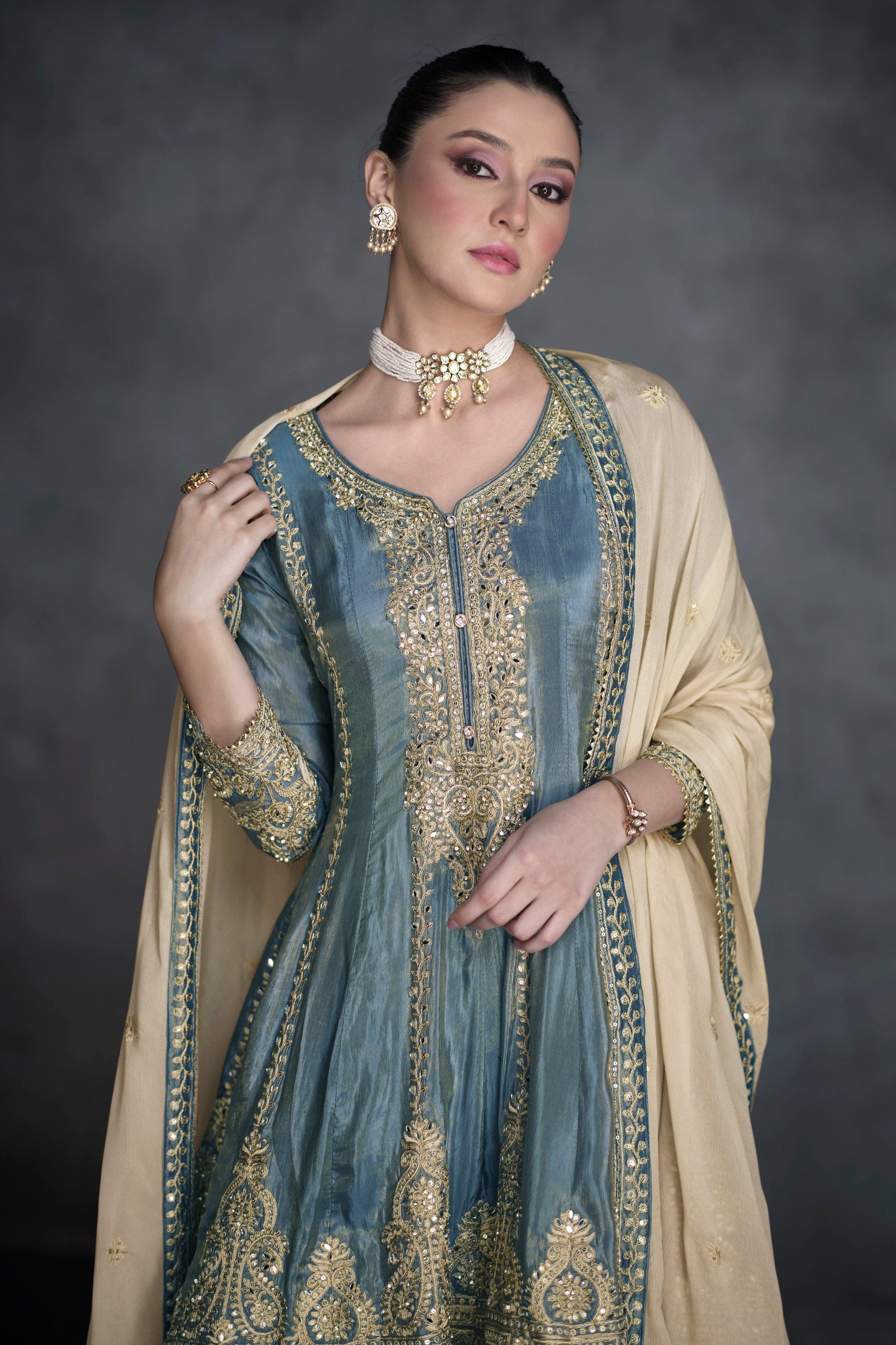 Grey Indian Party Outfit With Embroidery & Organza Silk Salwar Kameez