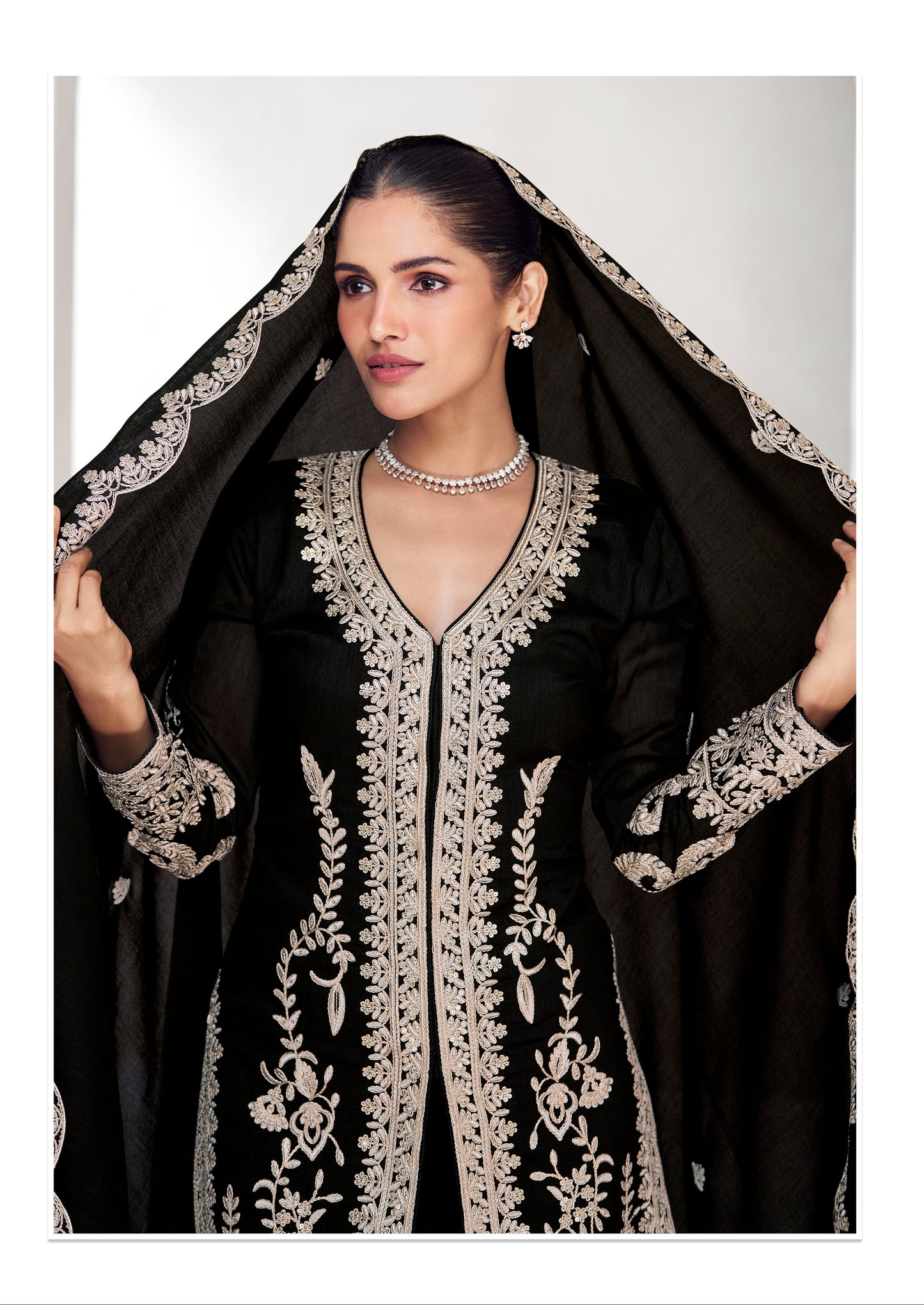 Black Silk Fabric Salwar Kameez With Embroidery Exclusive For USA