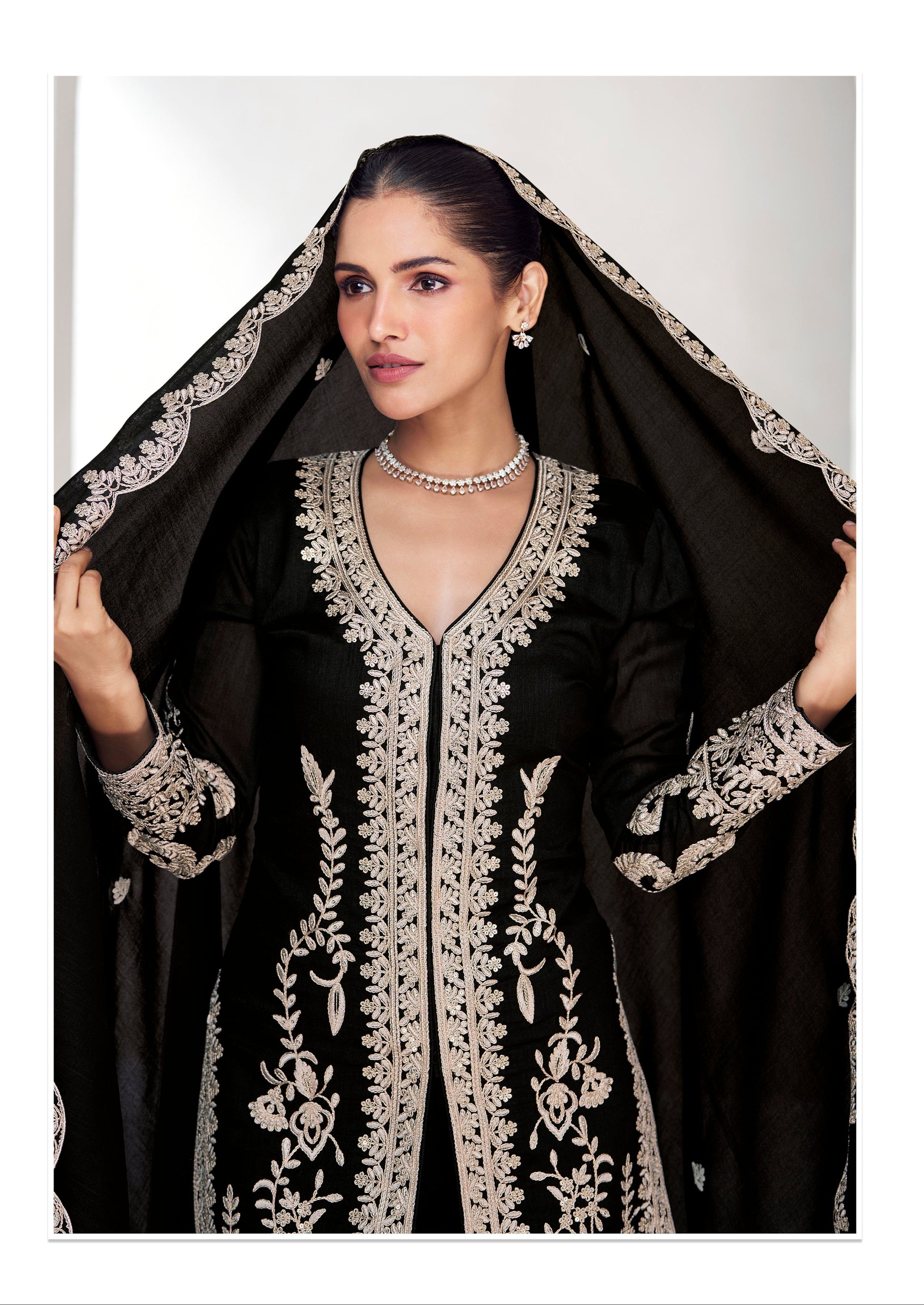 Black Silk Fabric Salwar Kameez With Embroidery Exclusive For USA