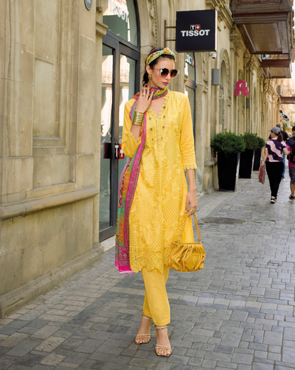Yellow salwar kameez is bright and happy. Good for haldi or sunny events.
