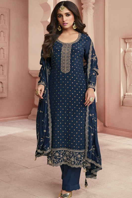 Blue salwar kameez feels calm and confident. Light or dark blue suits any time.
