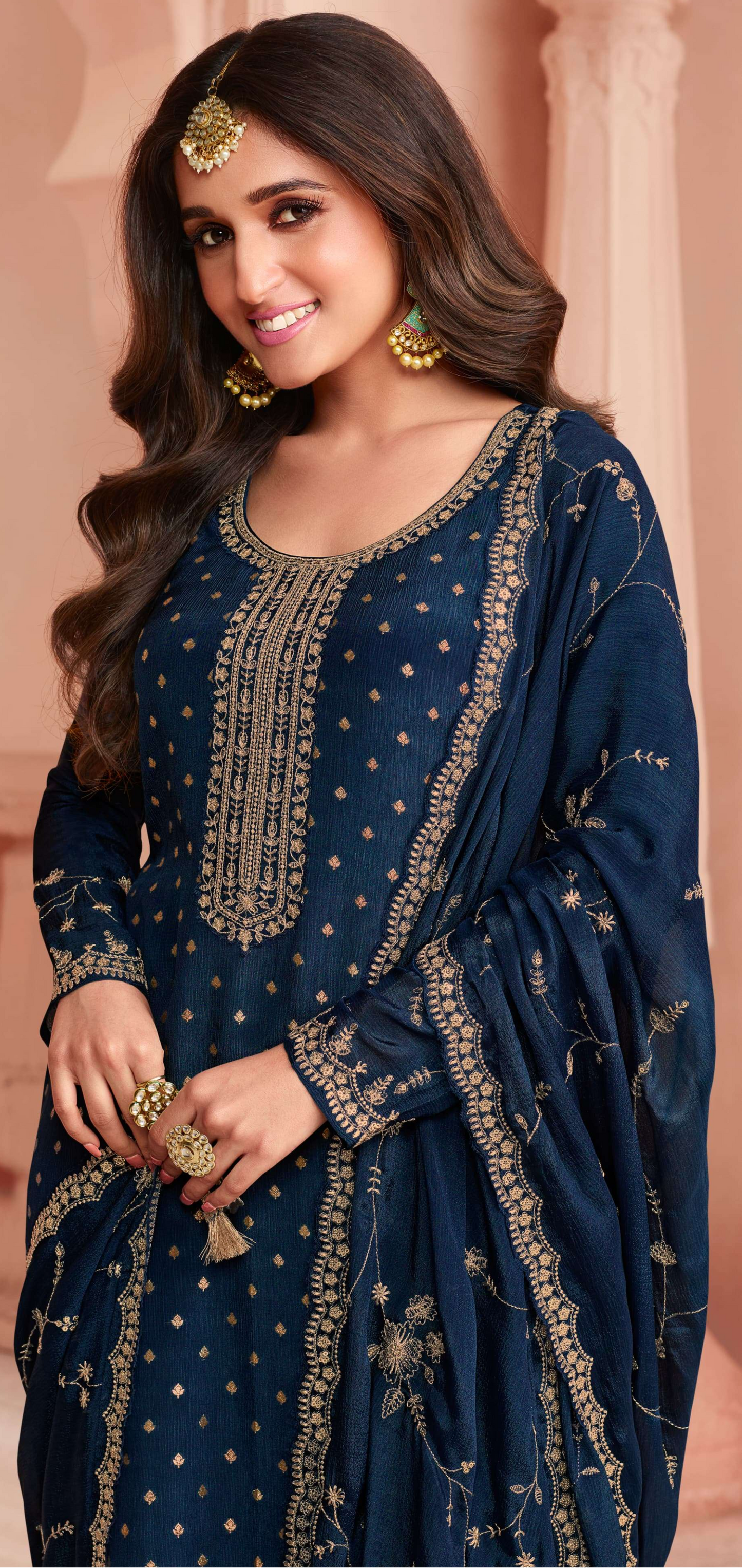 Blue salwar kameez feels calm and confident. Light or dark blue suits any time.
