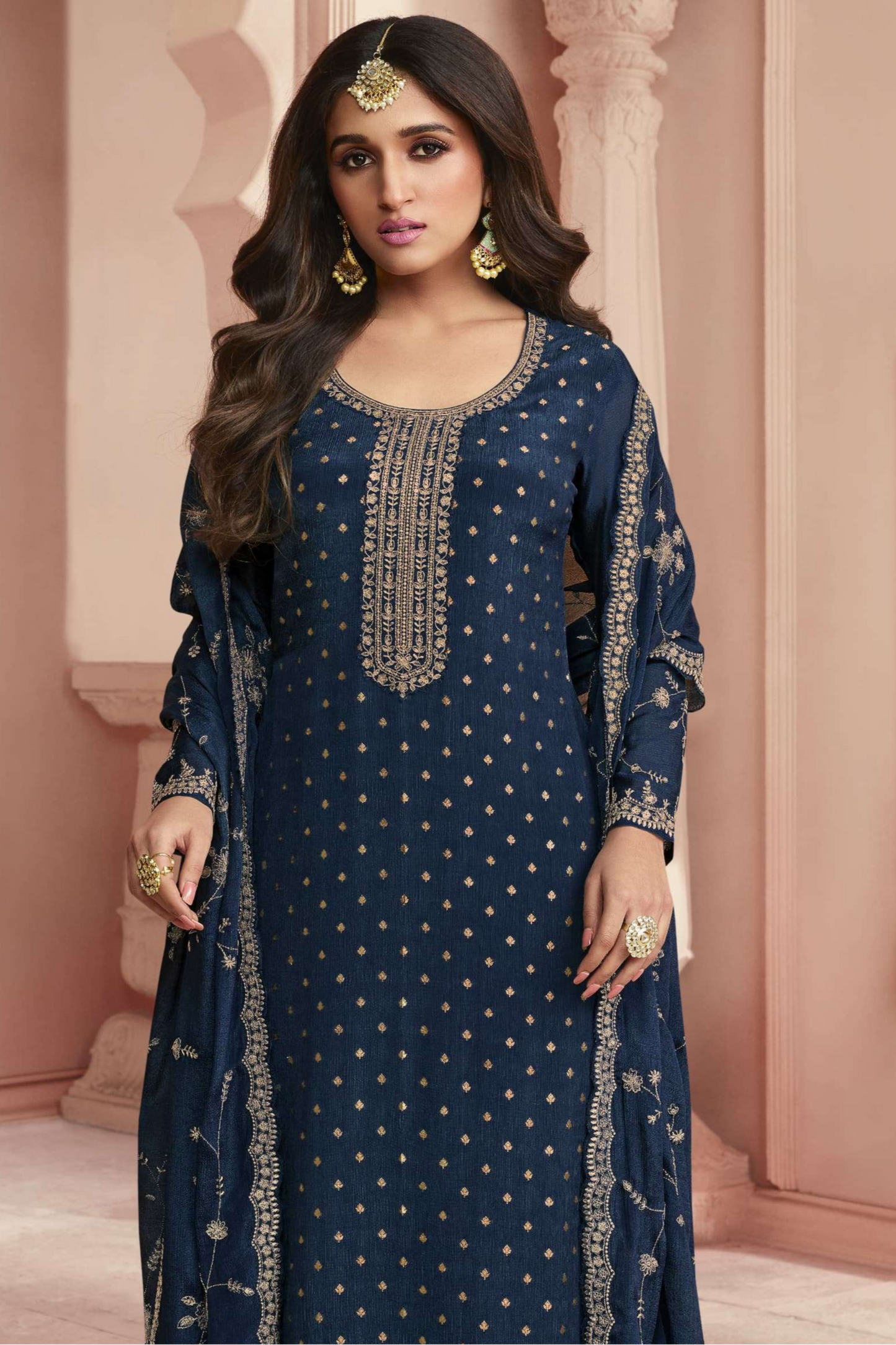 Blue salwar kameez feels calm and confident. Light or dark blue suits any time.
