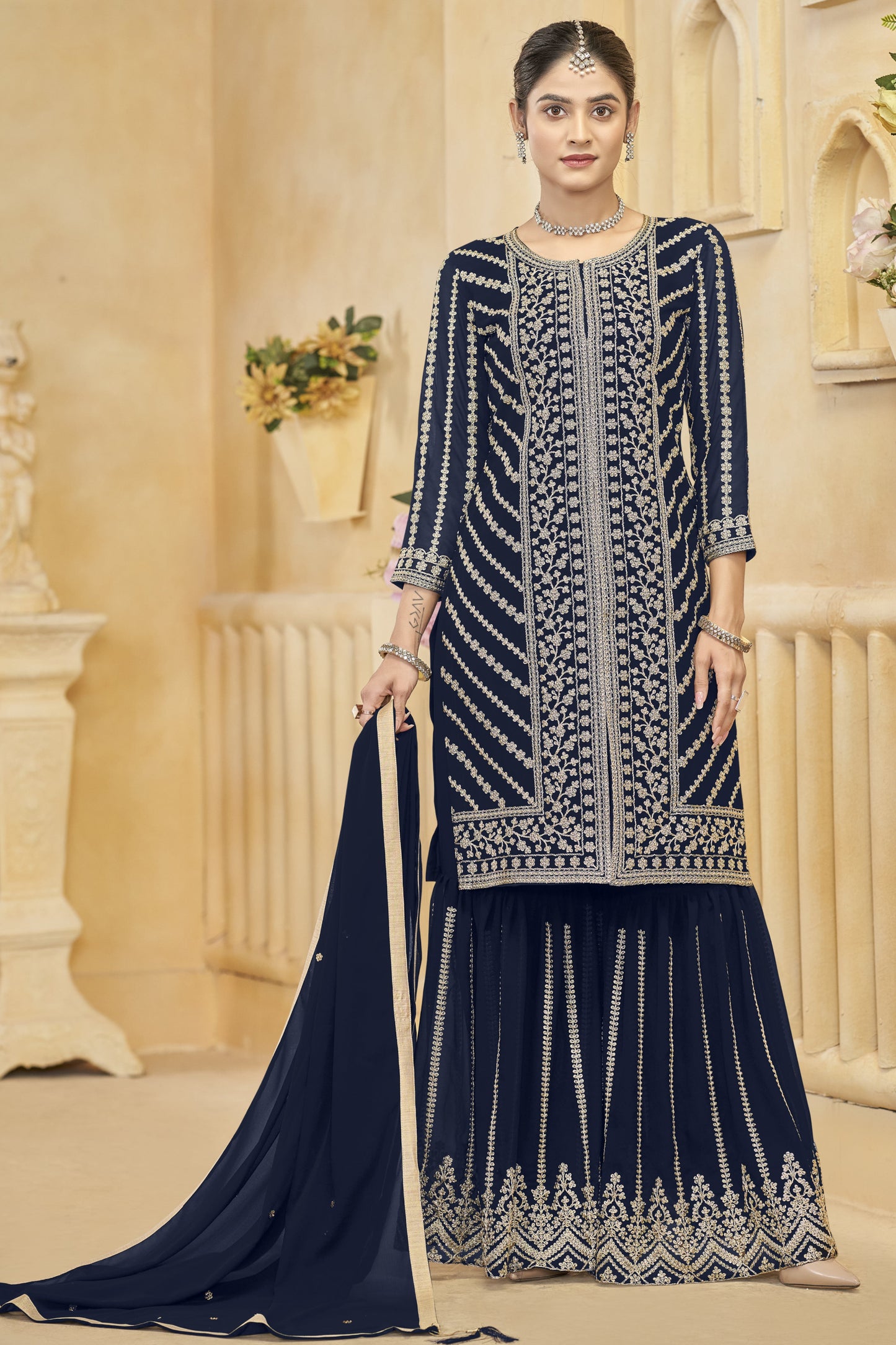 Blue salwar kameez feels calm and confident. Light or dark blue suits any time.
