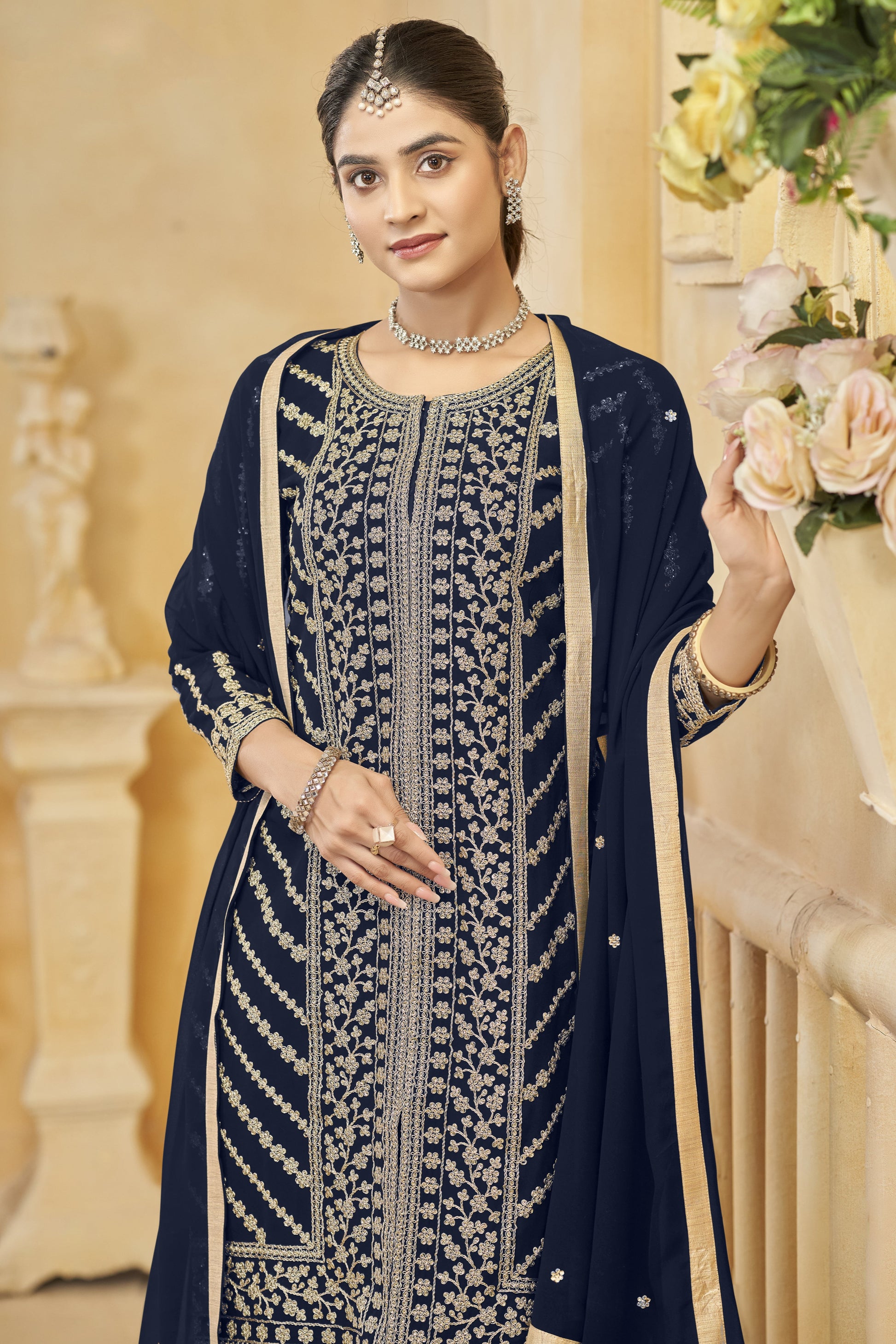 Blue salwar kameez feels calm and confident. Light or dark blue suits any time.
