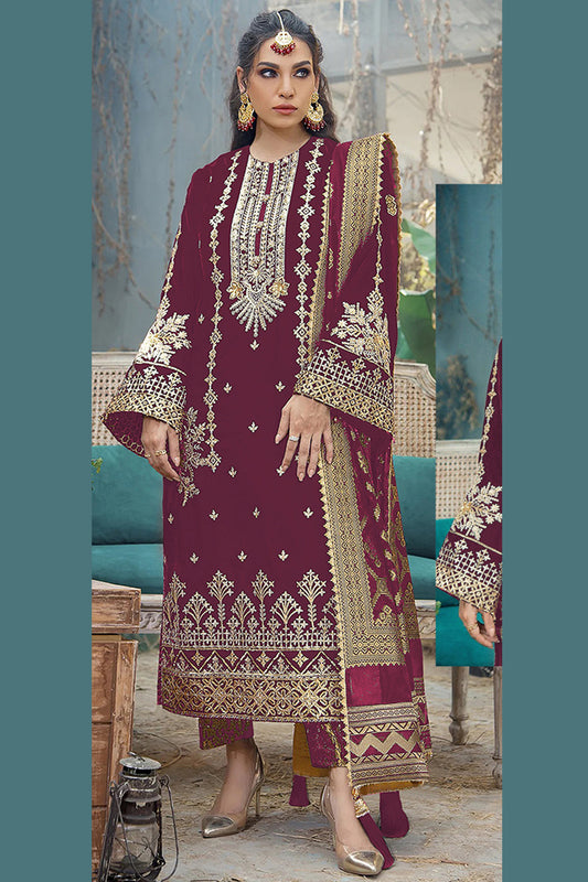 A wine-colored salwar kameez exudes elegance and sophistication