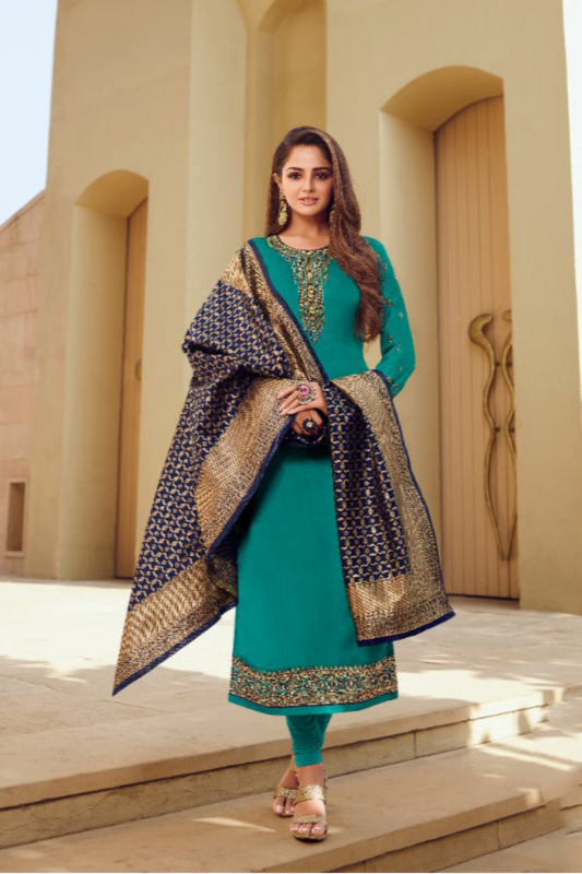 Green Satin Georgette Salwar Suit with Heavy Embroidered Dupatta