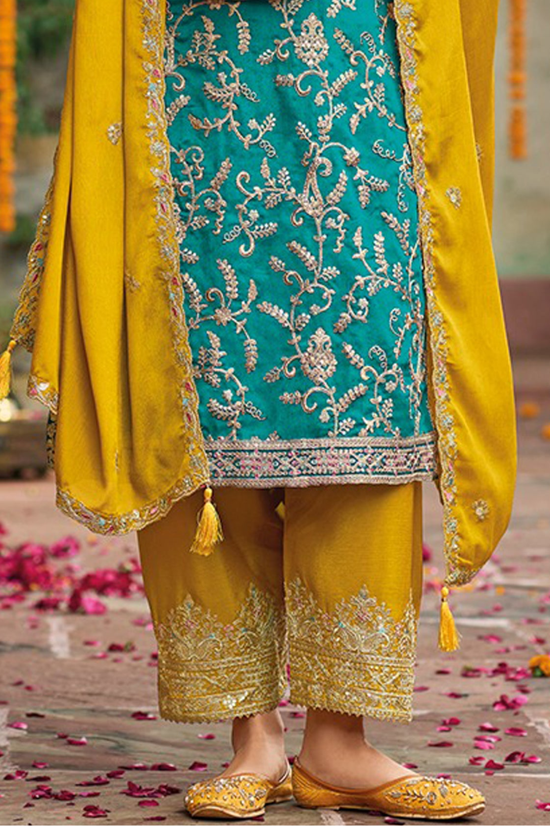 Blue salwar kameez feels calm and confident. Light or dark blue suits any time.
