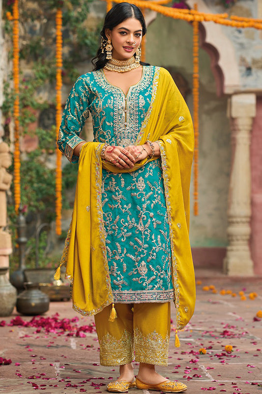 Blue salwar kameez feels calm and confident. Light or dark blue suits any time.
