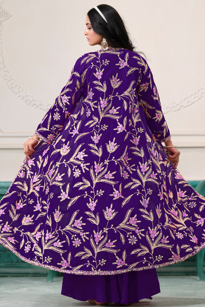 Purple Faux Georgette Sharara Suit with Shrug for Sangeet