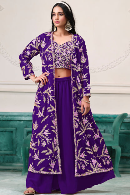 Purple Faux Georgette Sharara Suit with Shrug for Sangeet