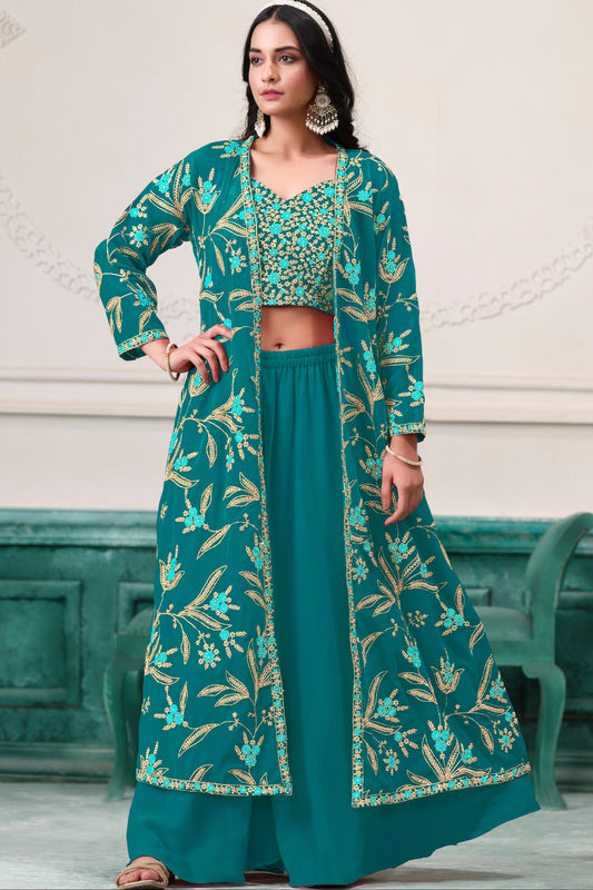 Teal salwar kameez is cool and refreshing. It blends blue and green for a unique look
