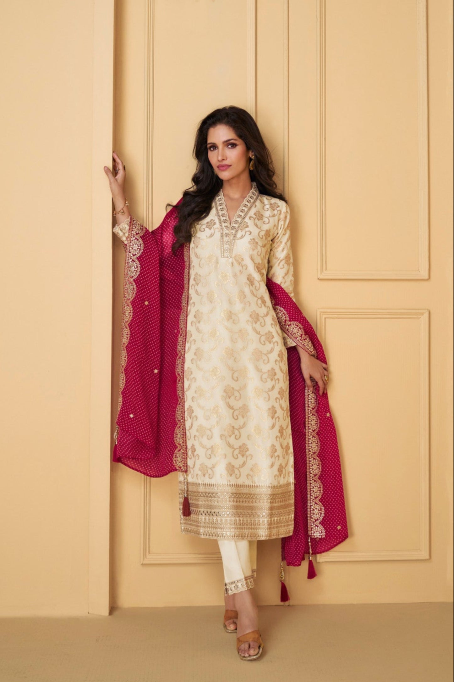 Beige and nude salwar kameez are soft and modern. They match well with bold jewelry.
