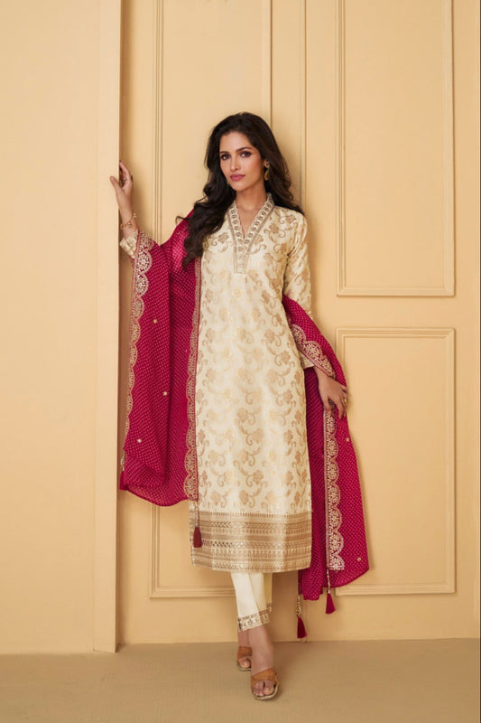 Beige and nude salwar kameez are soft and modern. They match well with bold jewelry.
