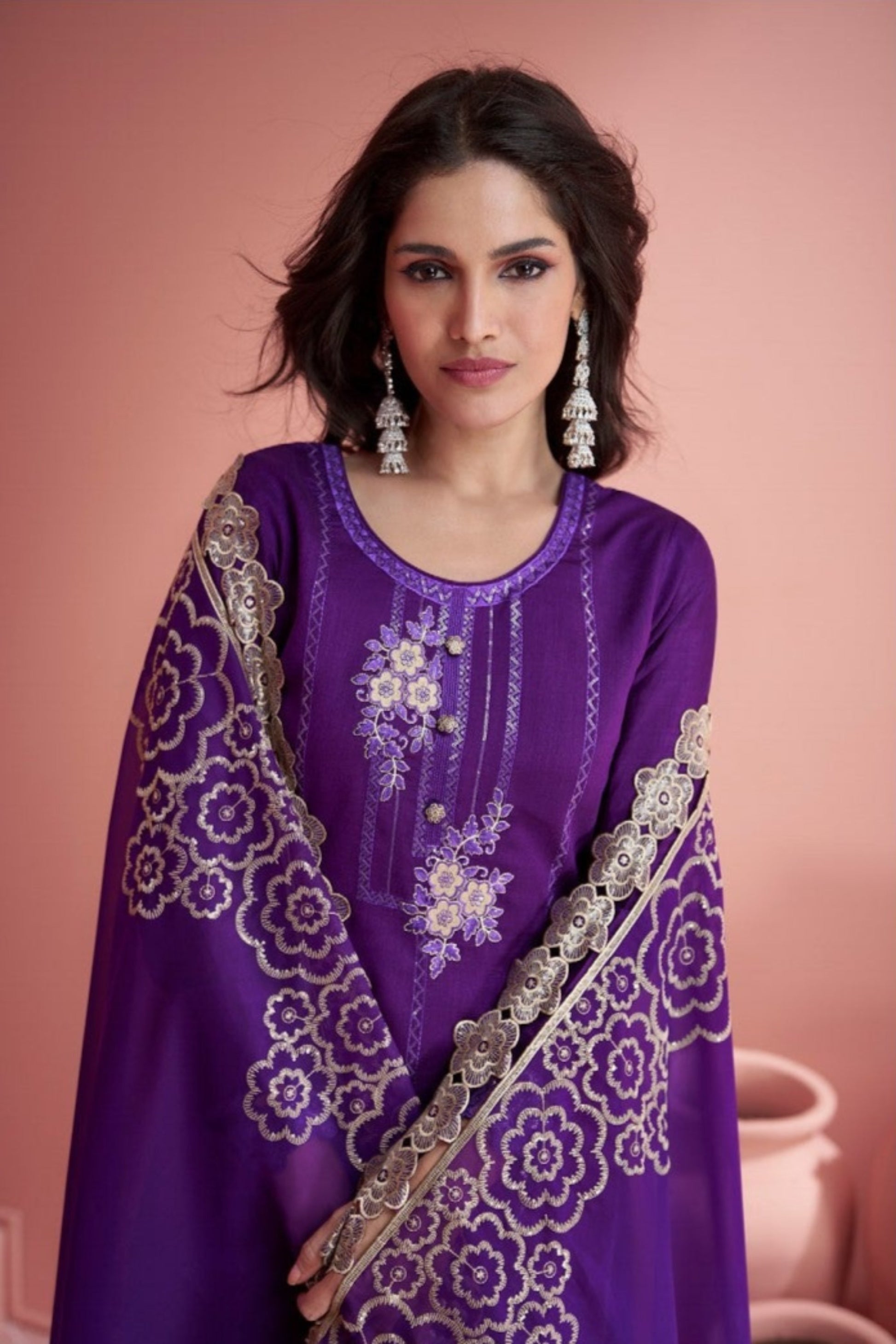 Purple Salwar Kameez Side Angle Showing Intricate Thread Embroidery On Premium Silk Fabric