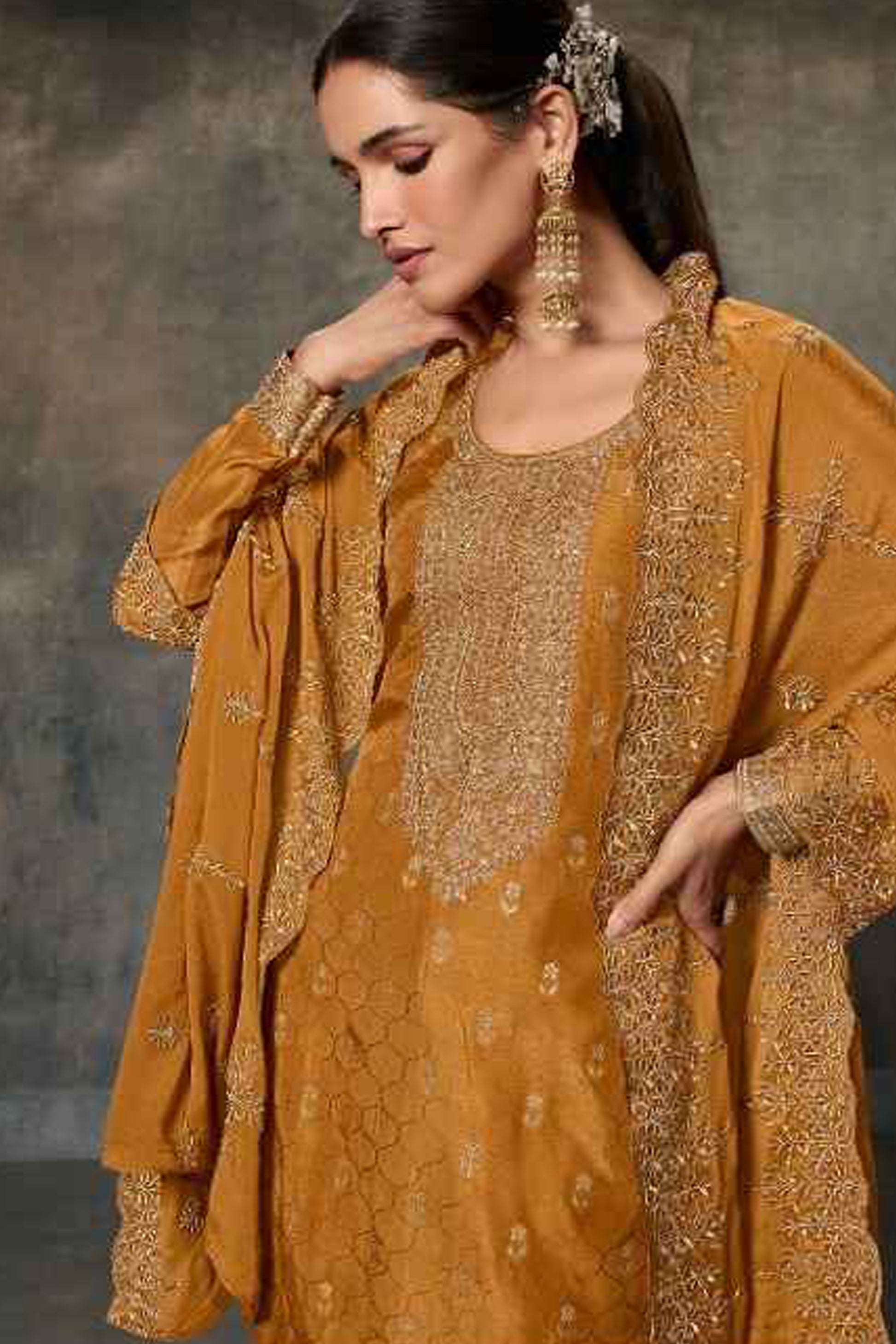 Golden Yellow Silk Salwar Kameez - Side Angle View Showing Embroidery Detail and Drape 