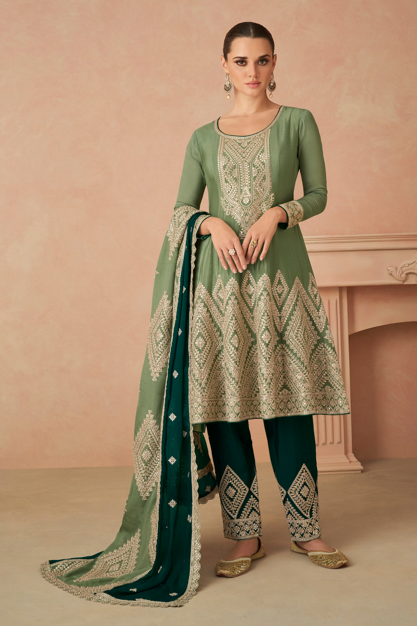 Pistachio Green Embroidered Salwar Kameez With Dupatta - Front View - Ready to Wear Ethnic Outfit For Western Women