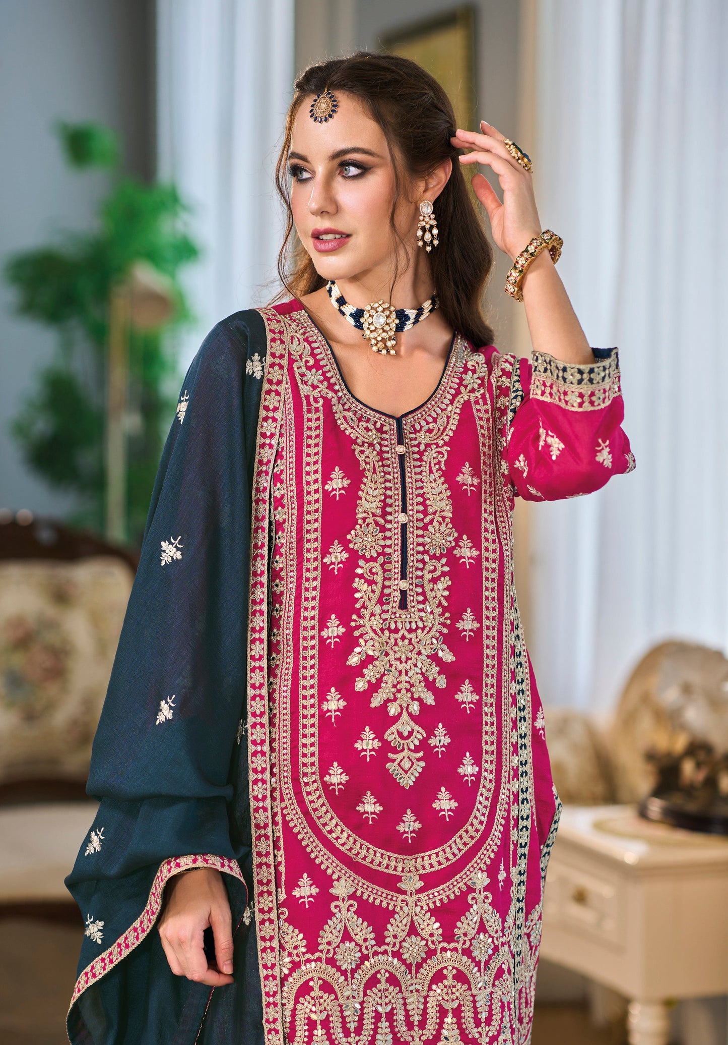 Dark Pink Pakistani Salwar Suit with Heavy Embroidery Work - Ready to Wear Ethnic Dress