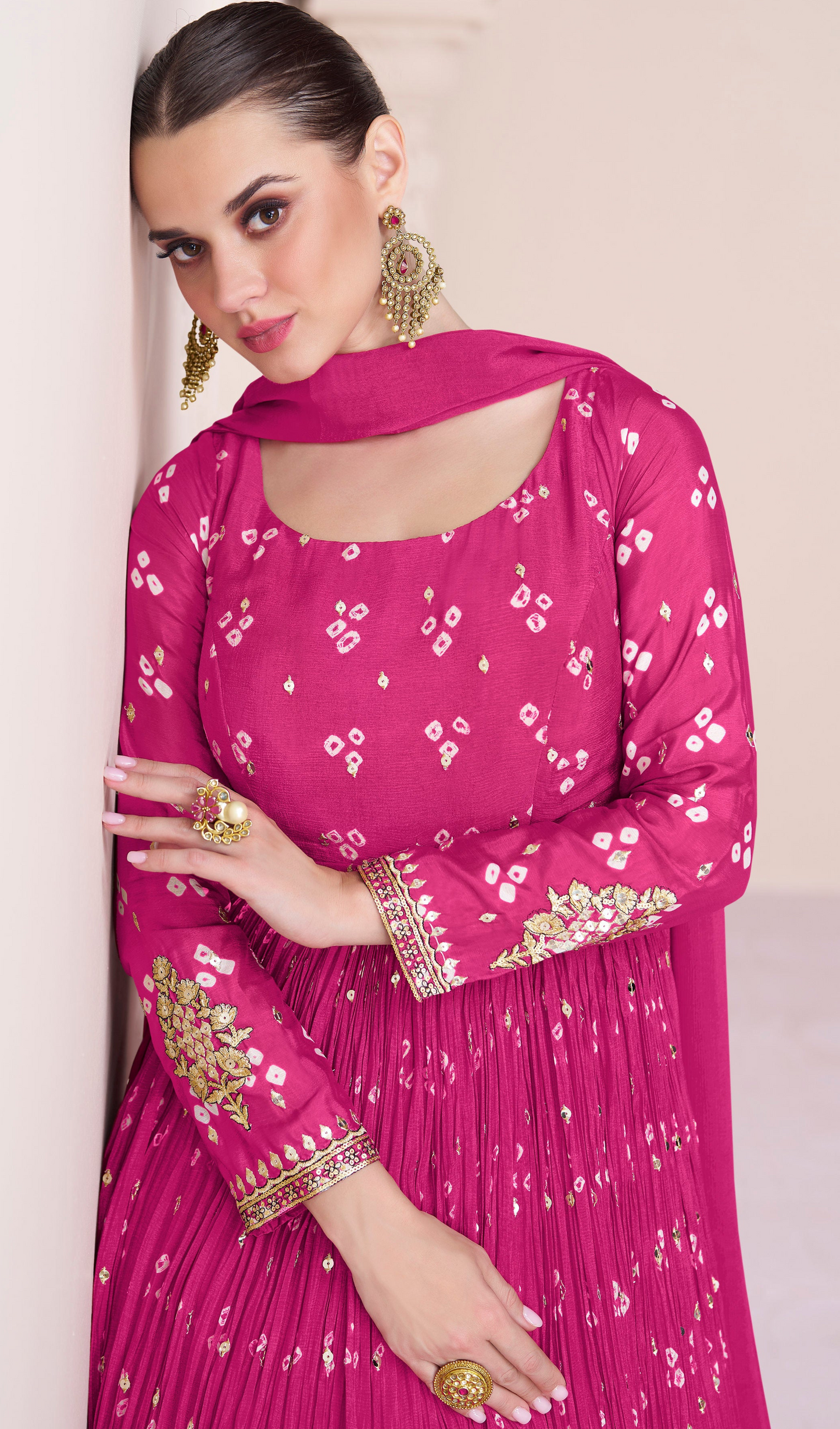Full Length Pink Anarkali Dress With Chinon Silk Fabric And Embroidered Dupatta Set