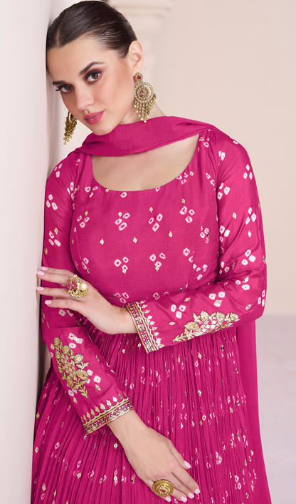 Full Length Pink Anarkali Dress With Chinon Silk Fabric And Embroidered Dupatta Set