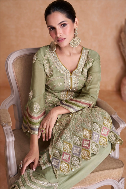 Pistachio Green Chinon Silk Salwar Suit With Dupatta-Full Length View 