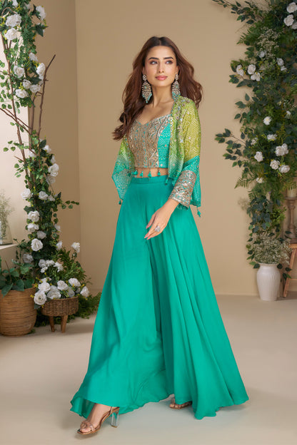 Teal Green Palazzo Suit With Embroidered Shrug For Indian Weddings And Parties