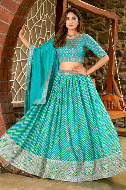 Blue Sangeet Lehenga Choli With Embroidery And Foil Work - Front View
