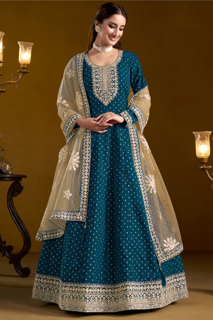 Teal Blue Ready-To-Wear Anarkali Gown With Heavy Embroidery For Wedding Reception - Front view