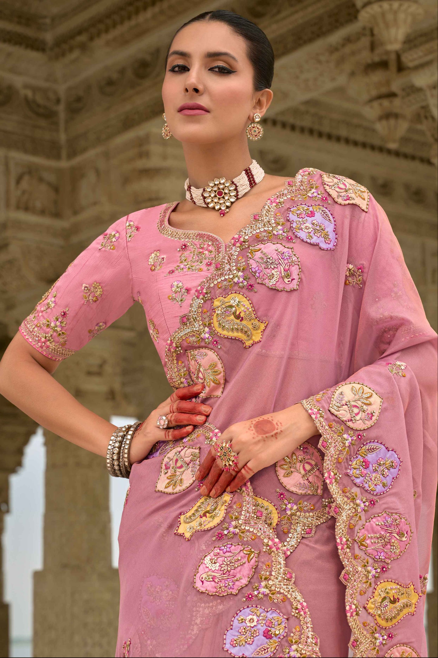 Pink Saree reflects softness and charm – perfect for graceful day functions.
