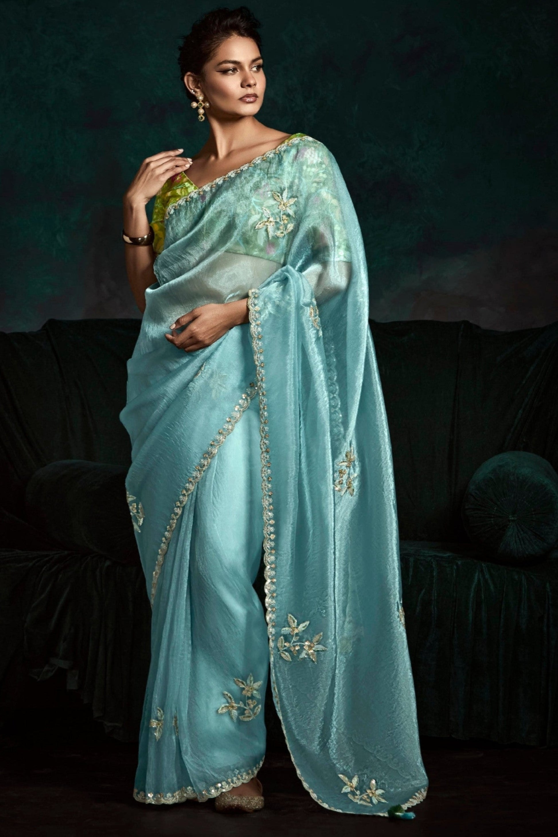 Blue Saree offers calm elegance – a versatile pick for every occasion.
