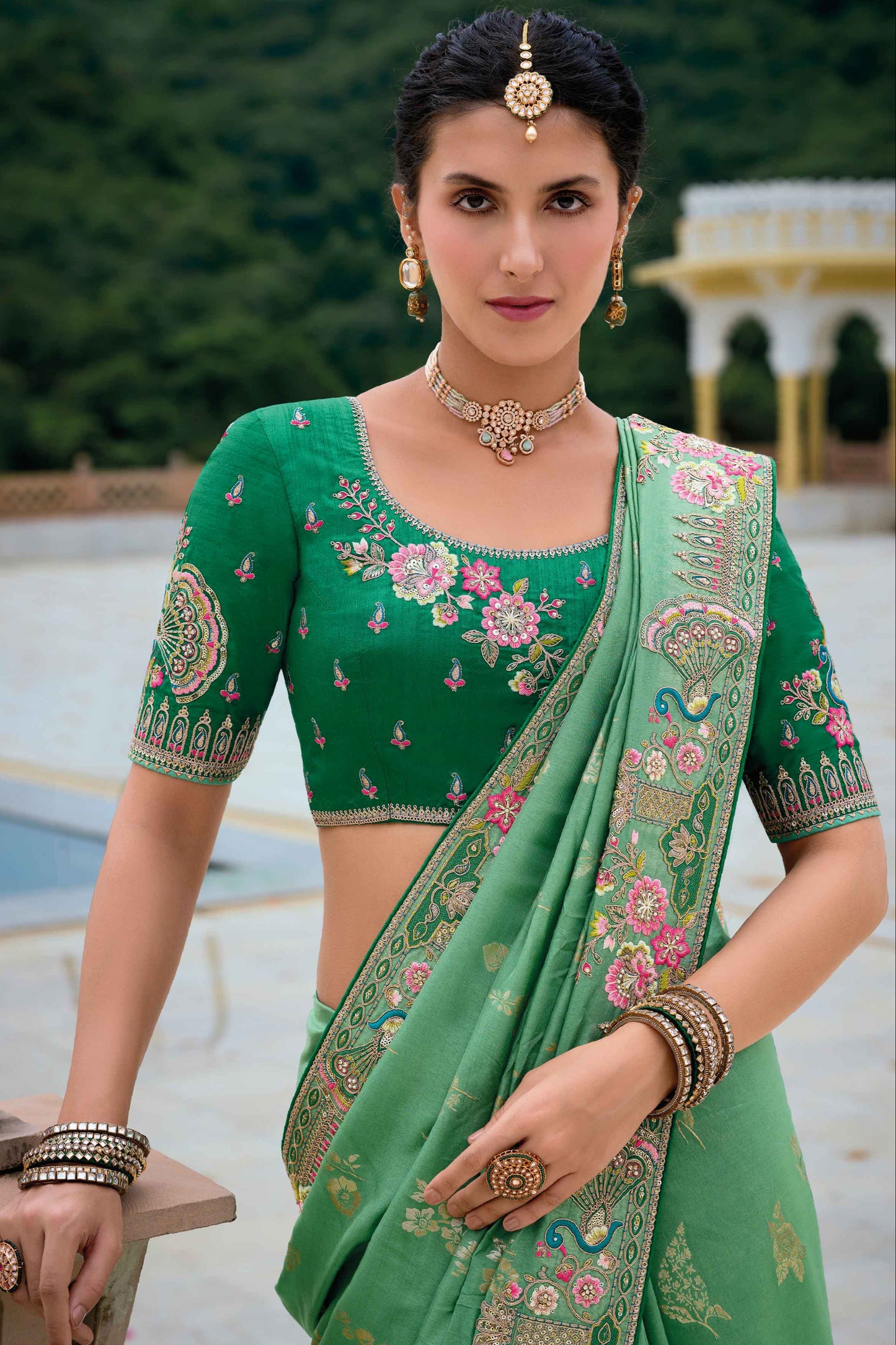 Green Saree symbolizes freshness and festivity – great for Mehndi or family gatherings.
