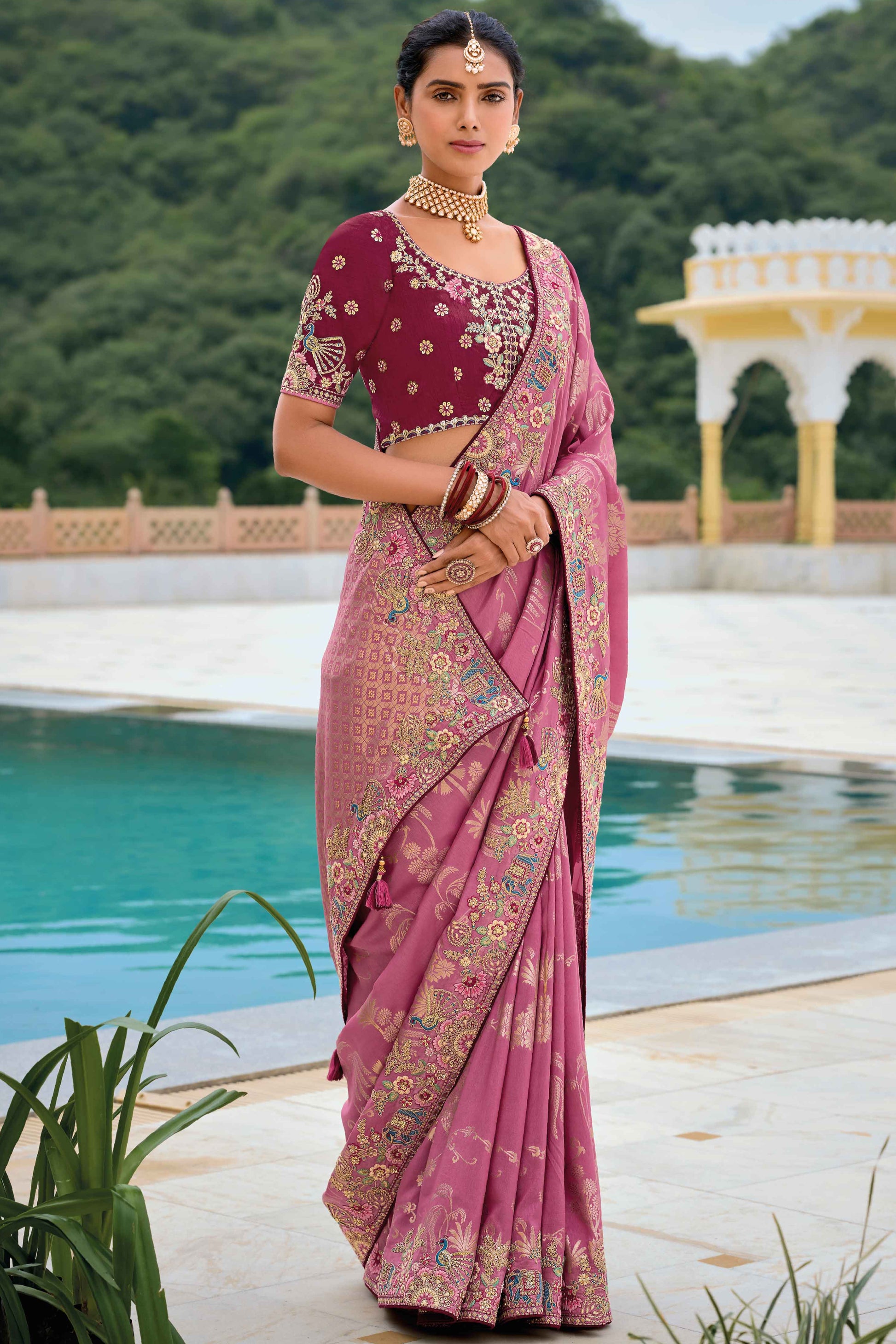 Pink Saree reflects softness and charm – perfect for graceful day functions.
