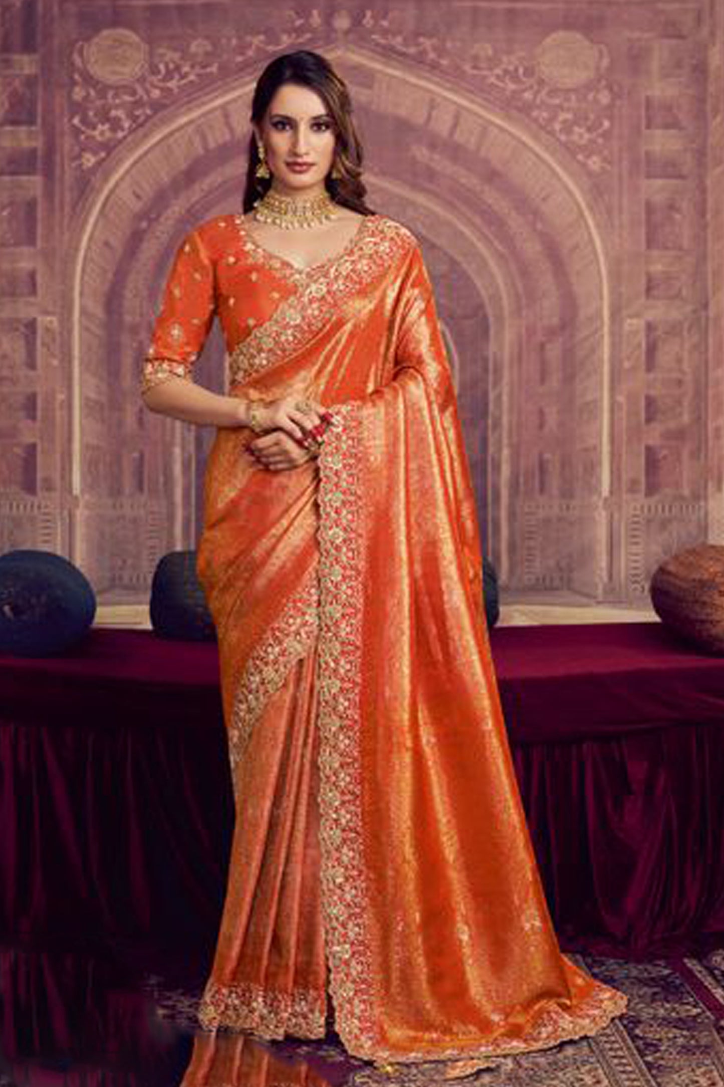 Orange Silk Kanjivaram Saree With Zari Embroidery And Matching Blouse For Indian Weddings USA
