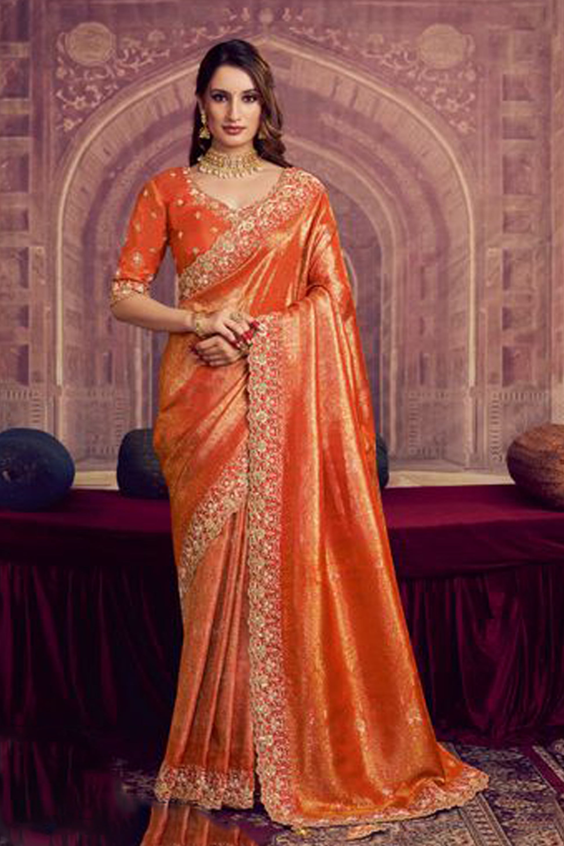 Orange Silk Kanjivaram Saree With Zari Embroidery And Matching Blouse For Indian Weddings USA