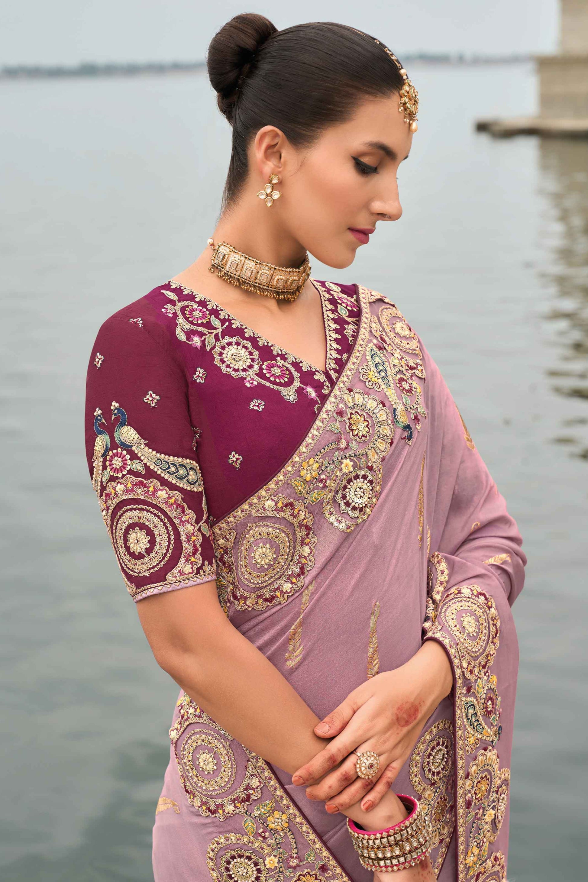 Lavender Saree radiates soft elegance and tranquility – perfect for romantic events, spring celebrations, or relaxing afternoons.

