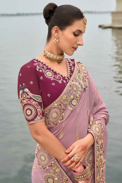 Lavender Saree radiates soft elegance and tranquility – perfect for romantic events, spring celebrations, or relaxing afternoons.
