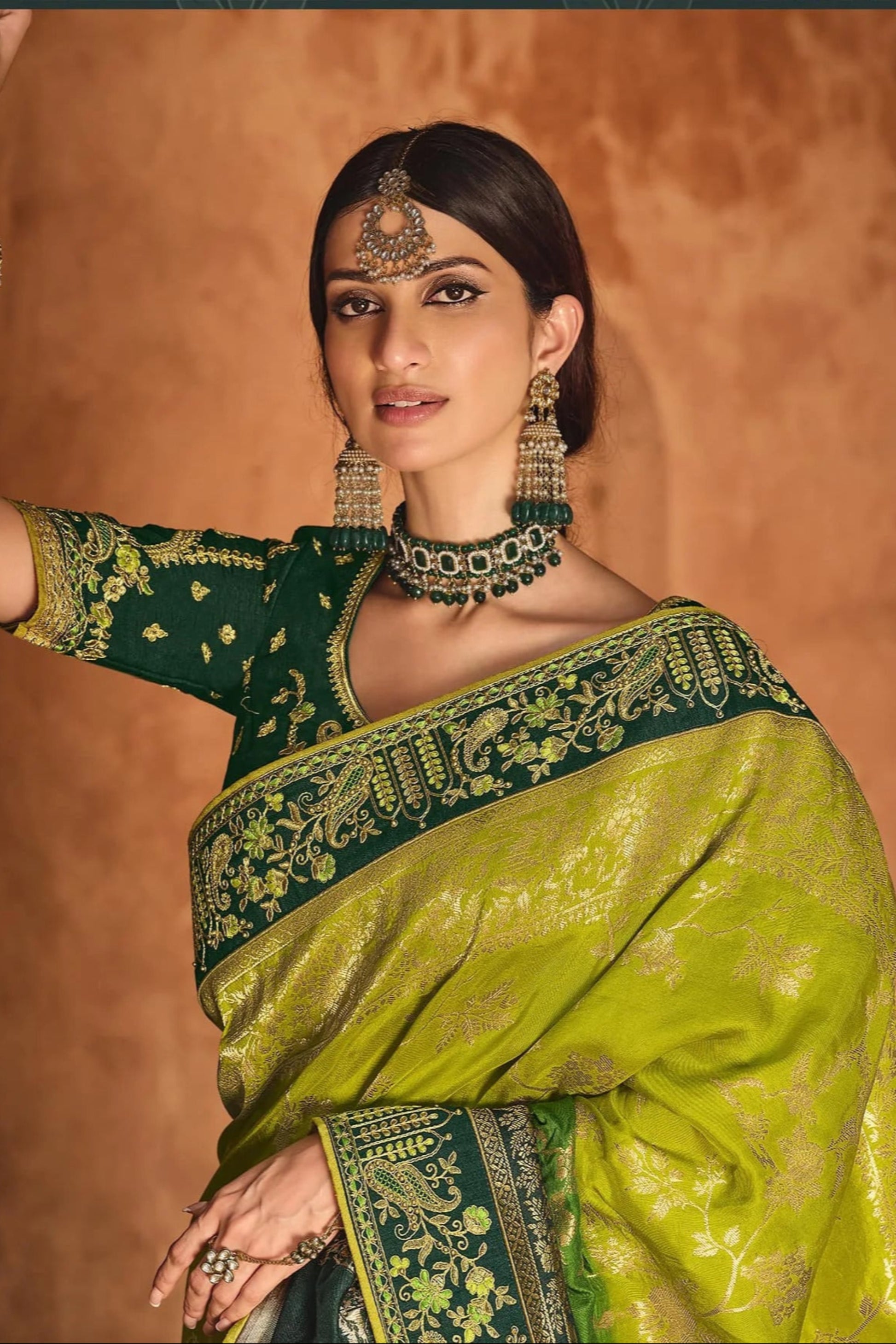 Green Saree symbolizes freshness and festivity – great for Mehndi or family gatherings.
