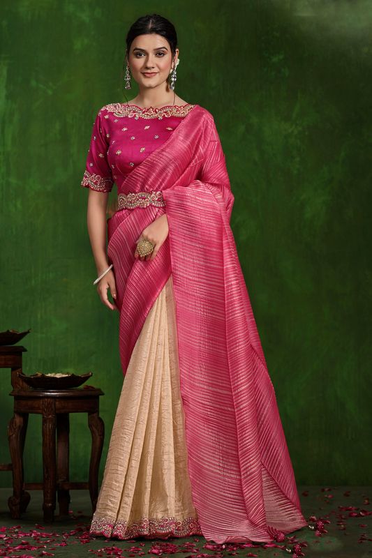 Pink Saree reflects softness and charm – perfect for graceful day functions.

