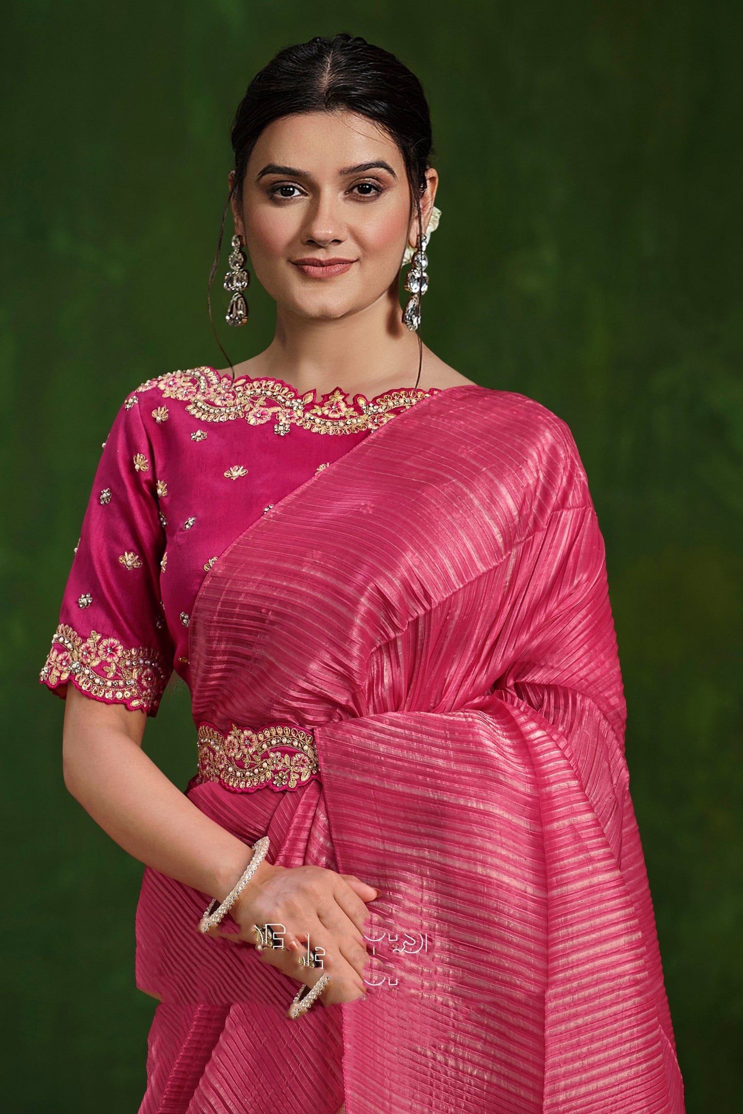 Pink Saree reflects softness and charm – perfect for graceful day functions.

