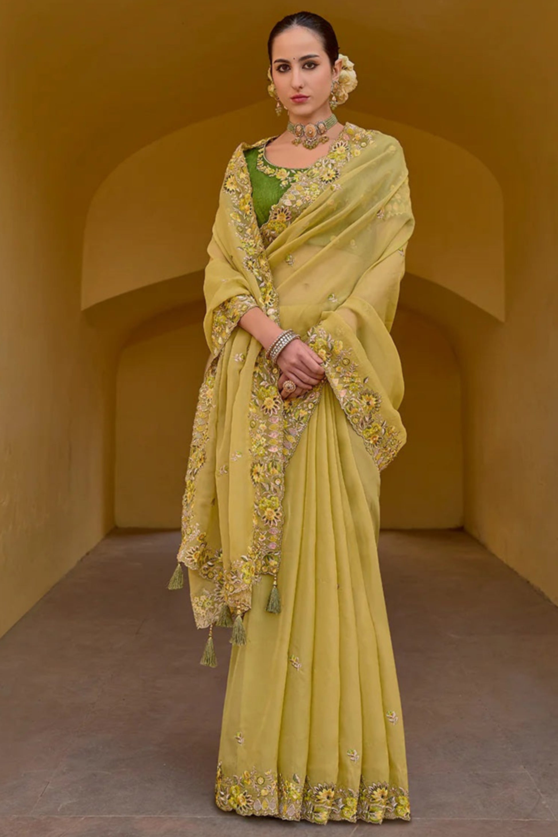 Yellow Saree brings sunshine and joy – ideal for Haldi, Eid, or summer events.
