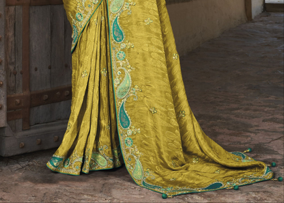 Lemon Designer Traditional Saree with Fabric & Handwork for Engagement