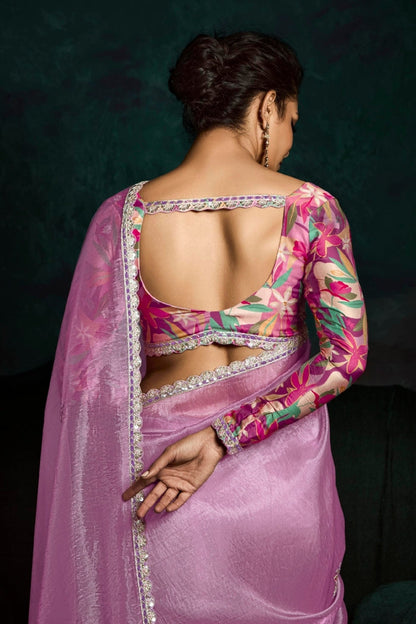 Lavender Saree radiates soft elegance and tranquility – perfect for romantic events, spring celebrations, or relaxing afternoons.

